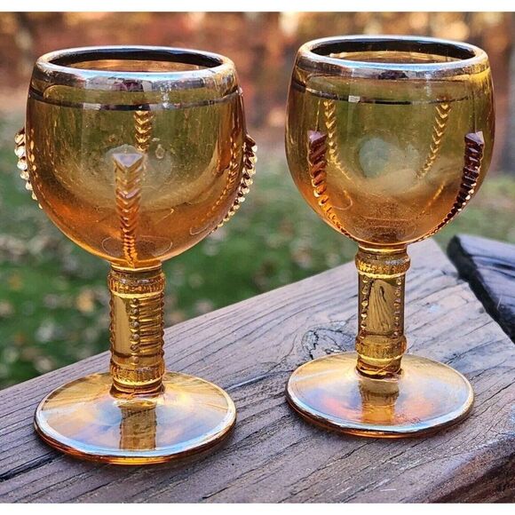 Pair New Martinsville Glass Company Amber 1 oz Mini Cordial Goblet Platinum Trim - Picture 1 of 4
